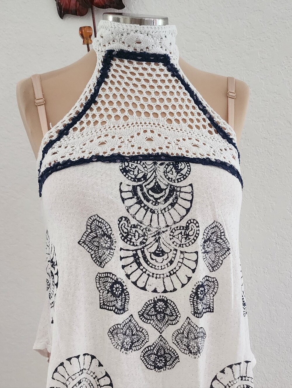 FREE PEOPLE | White Crochet Halter Tank Top with Navy Print - Picture 9 of 13